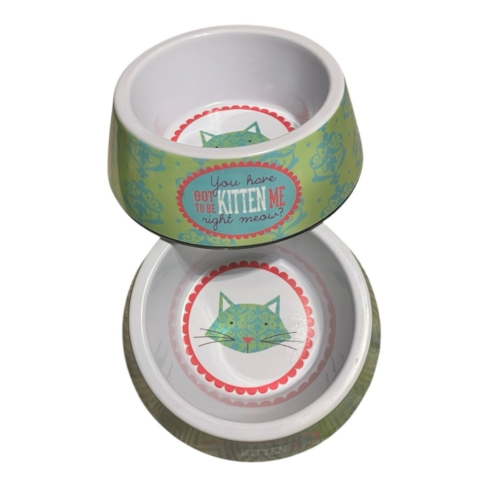 Cat food & water bowls melamine green blue pink cat face in bottom kitch phrase.